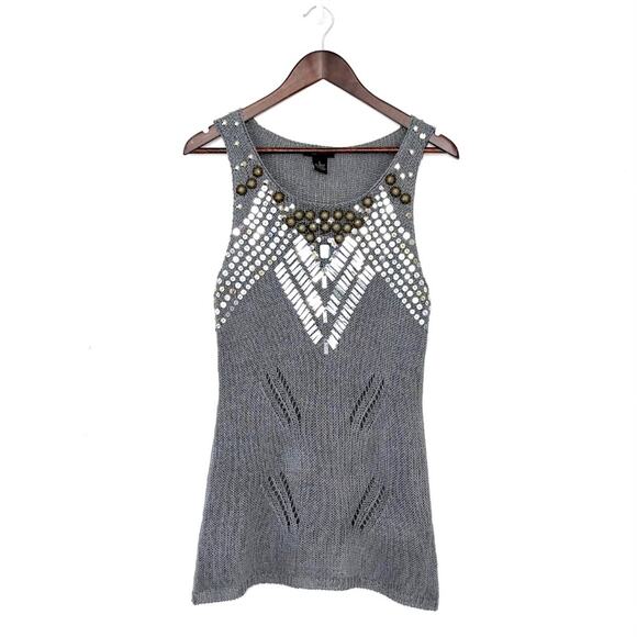 BCBGMAXAZRIA Beaded Sequin Metallic Knit Tank Top | Silver Gray Boho Glam NYE L - Picture 2 of 6